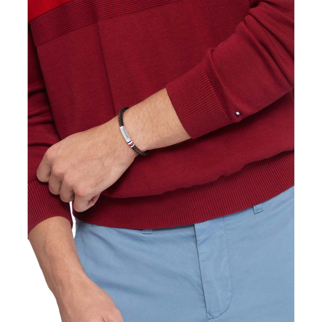 TOMMY HILFIGER Braided brúnt leður herraarmband