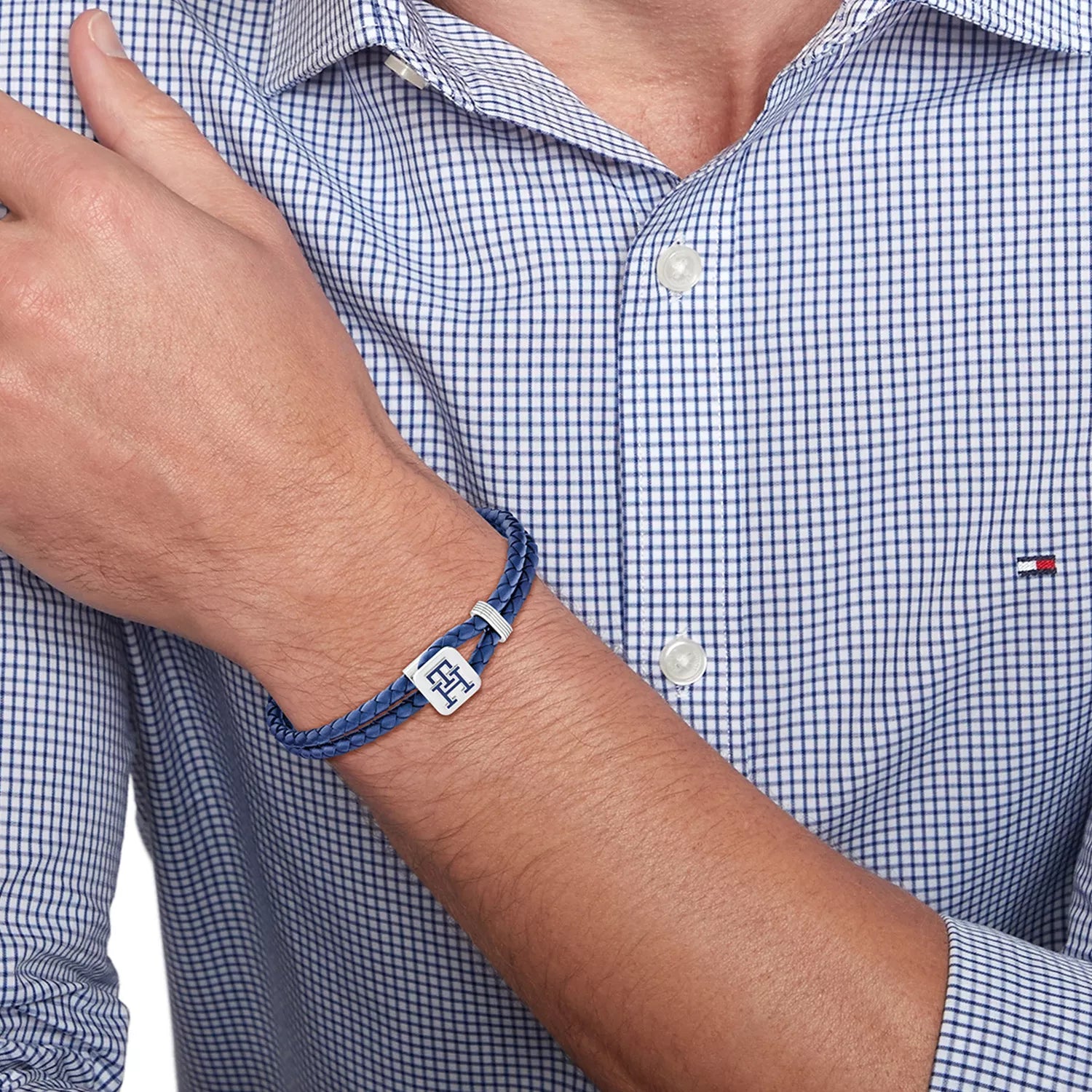 TOMMY HILFIGER Monogram blátt leður herraarmband