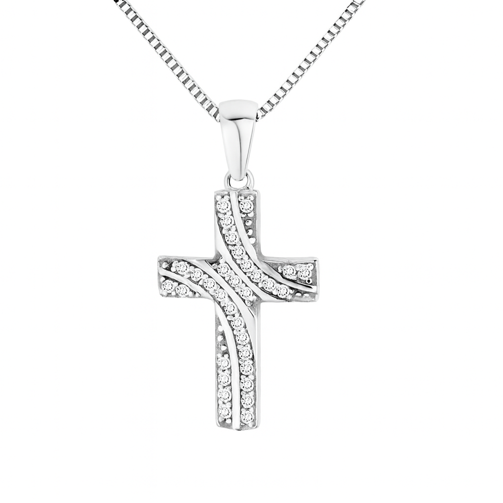 Silfurhálsmen kross með zirkonia steinum