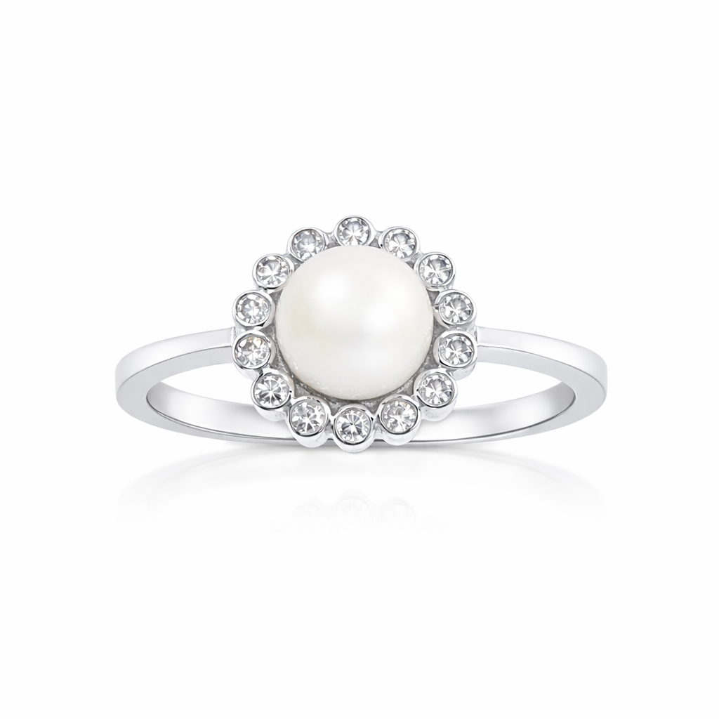 Gullhringur 14kt með perlu og 0.14ct demöntum