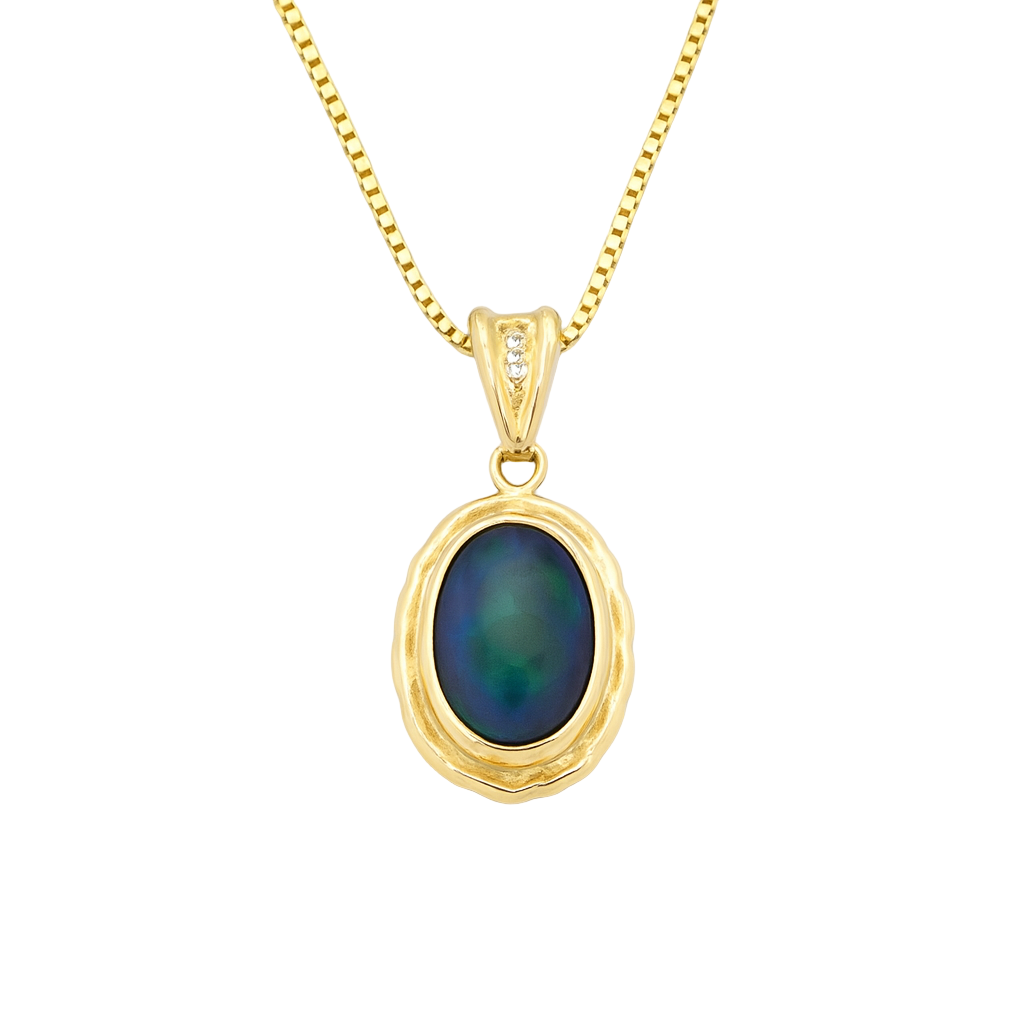 LAUPUR 14k gullhálsmen með svörtum Opal og 0.3ct demöntum