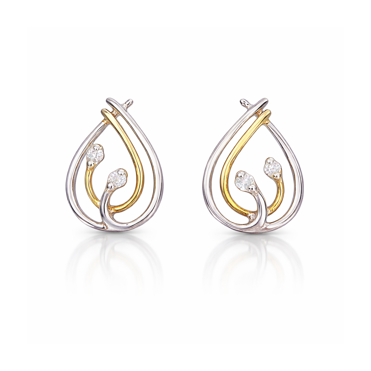 Gull og hvítagullseyrnalokkar 14kt með 0.04ct demöntum