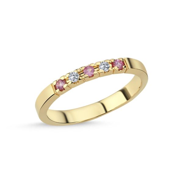 Promise gullhringur 14kt með bleikum safír og 2x 0.03ct demöntum