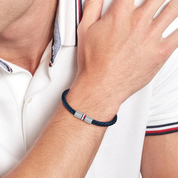 TOMMY HILFIGER Braided blátt leður herraarmband