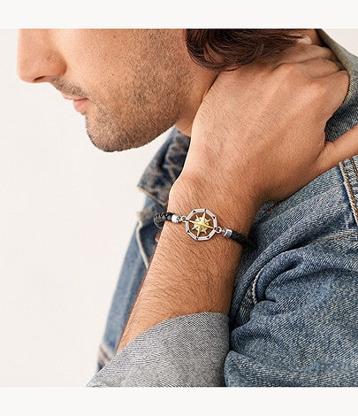 FOSSIL leður herraarmband | Áttaviti