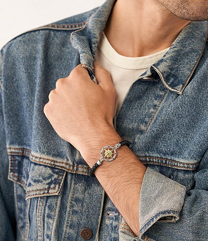 FOSSIL leður herraarmband | Áttaviti