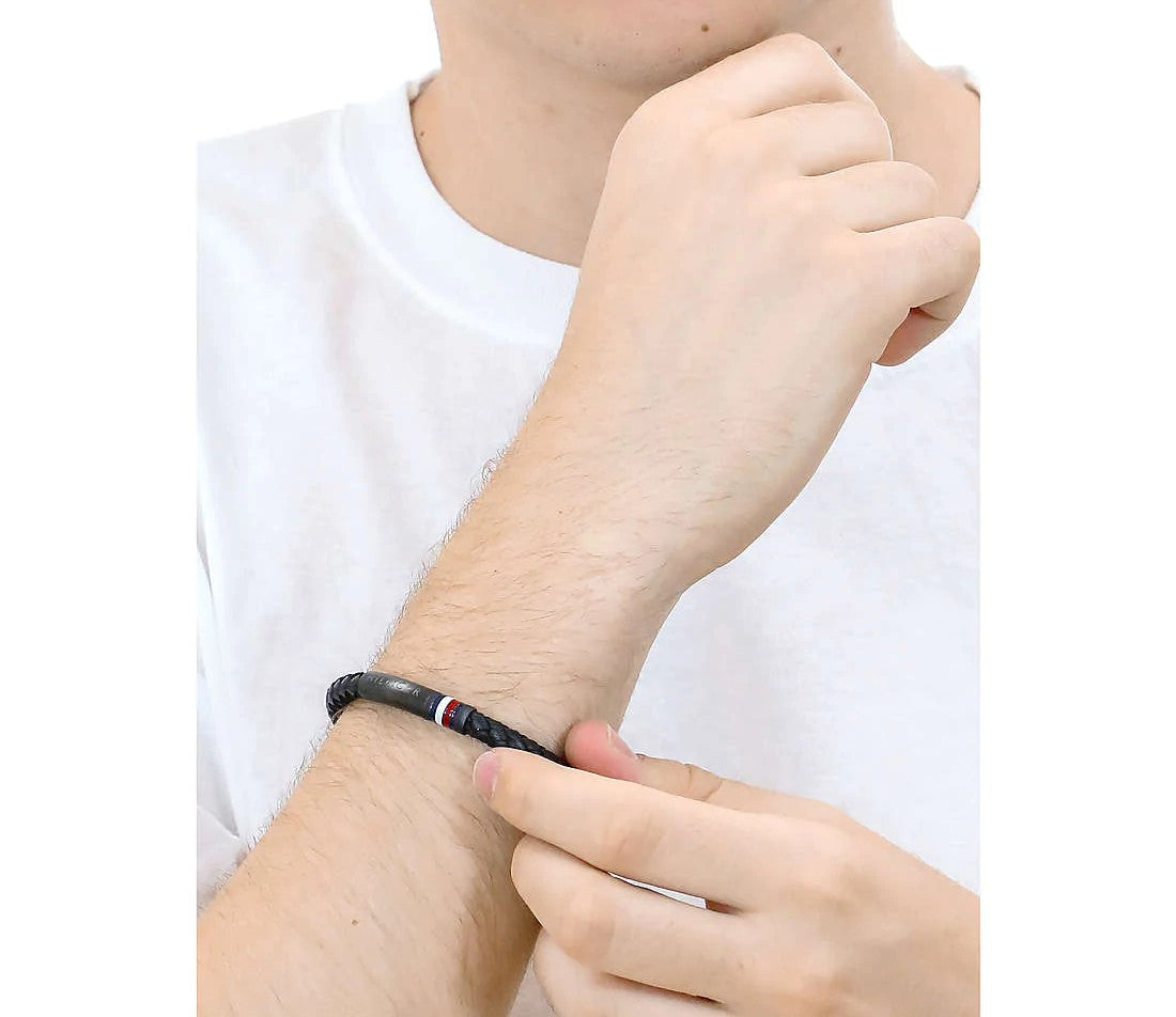 TOMMY HILFIGER Braided svart leður herraarmband