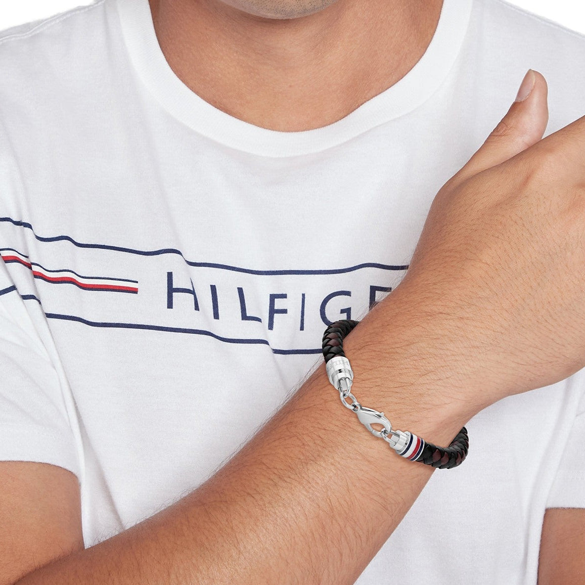 TOMMY HILFIGER brúnt og svart leðurarmband