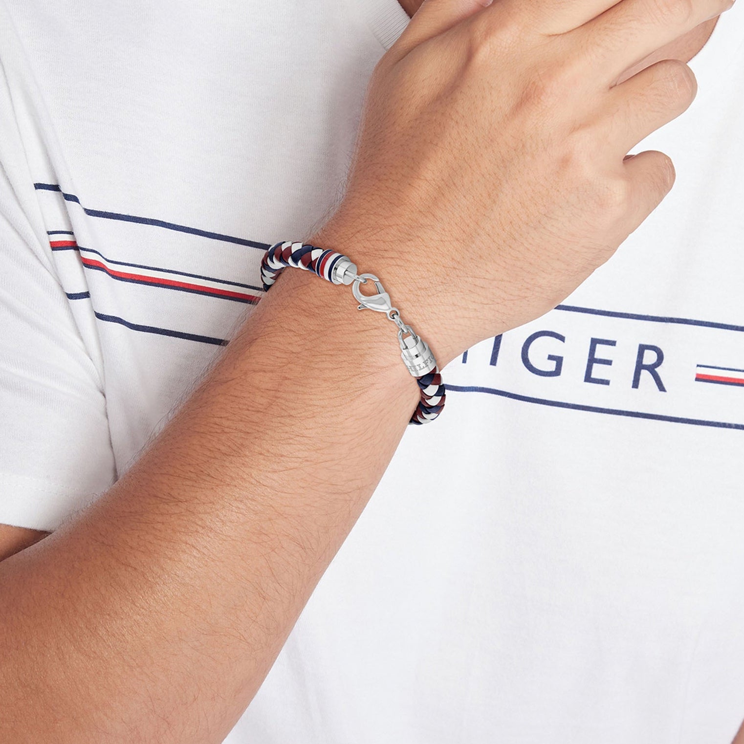 TOMMY HILFIGER blátt, hvítt og rautt leðurarmband
