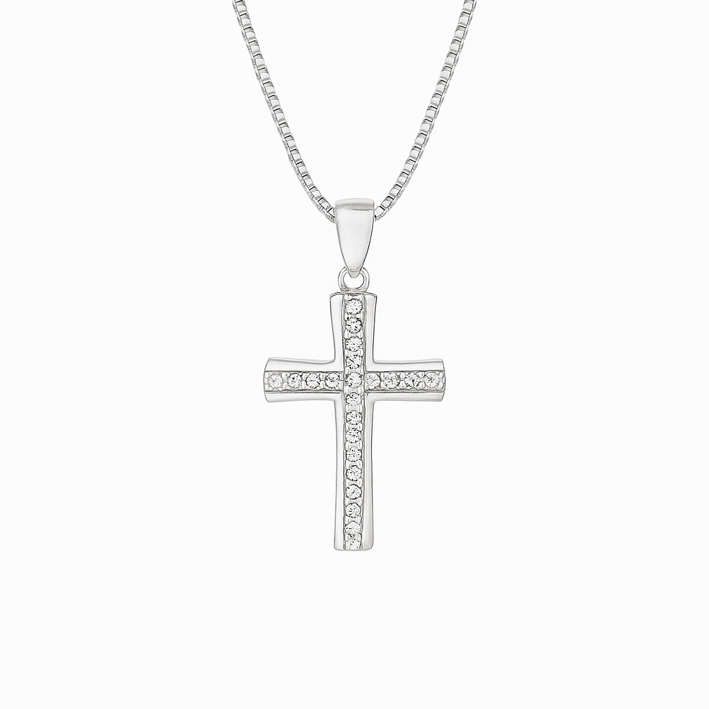 Silfurhálsmen kross með zirkonia steinum