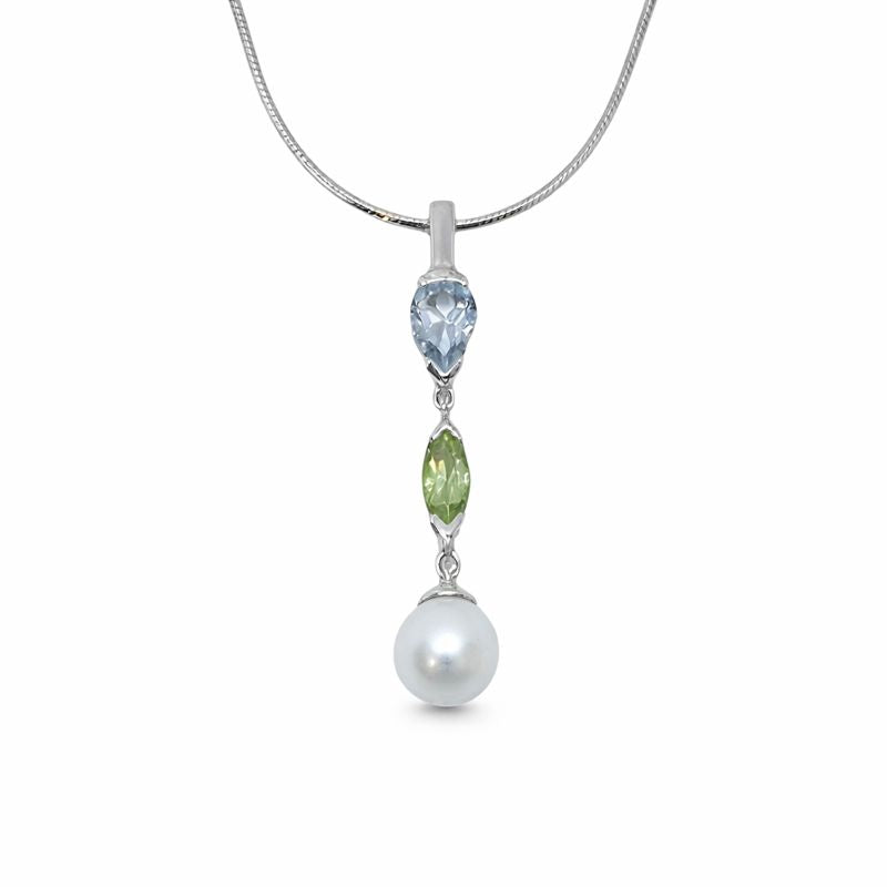 Hvítagullshálsmen 14kt með  Aquamarine, Peridot og perlu