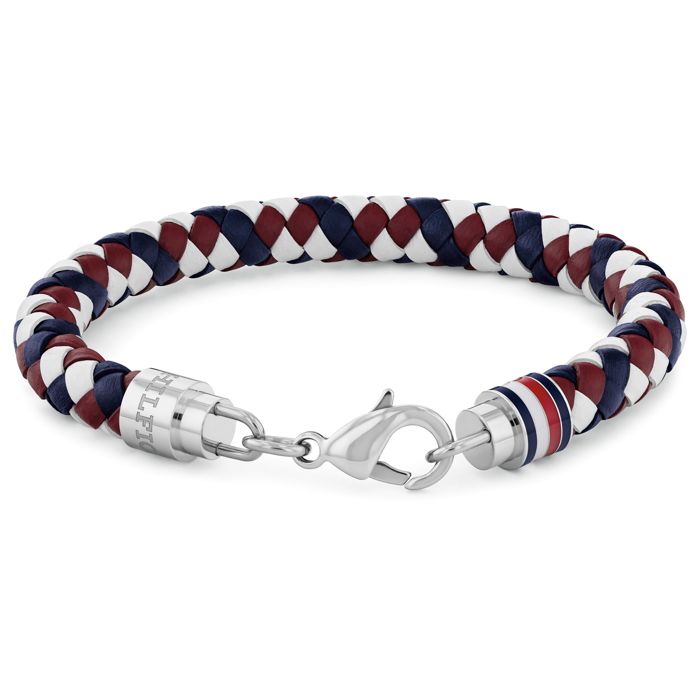 TOMMY HILFIGER blátt, hvítt og rautt leðurarmband